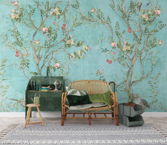 Elegant Bird and Flowers Wallpaper Turquoise Blue, Spring Floral Wallpaper, Vintage Wallpaper, Romantic Mural, Blue Wallpaper