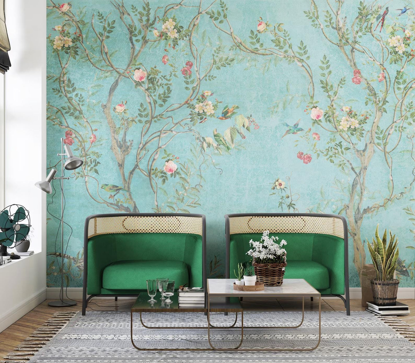 Elegant Bird and Flowers Wallpaper Turquoise Blue, Spring Floral Wallpaper, Vintage Wallpaper, Romantic Mural, Blue Wallpaper
