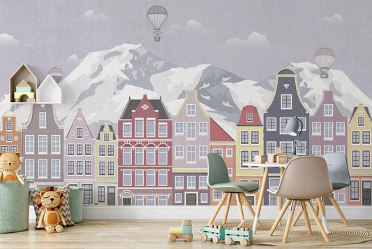 Snowy Mountains Lovely City Wallpaper, Town Wallpaper For Kidsroom, Balloons Wallpaper Nursery, Illustration Childrens Wallpaper