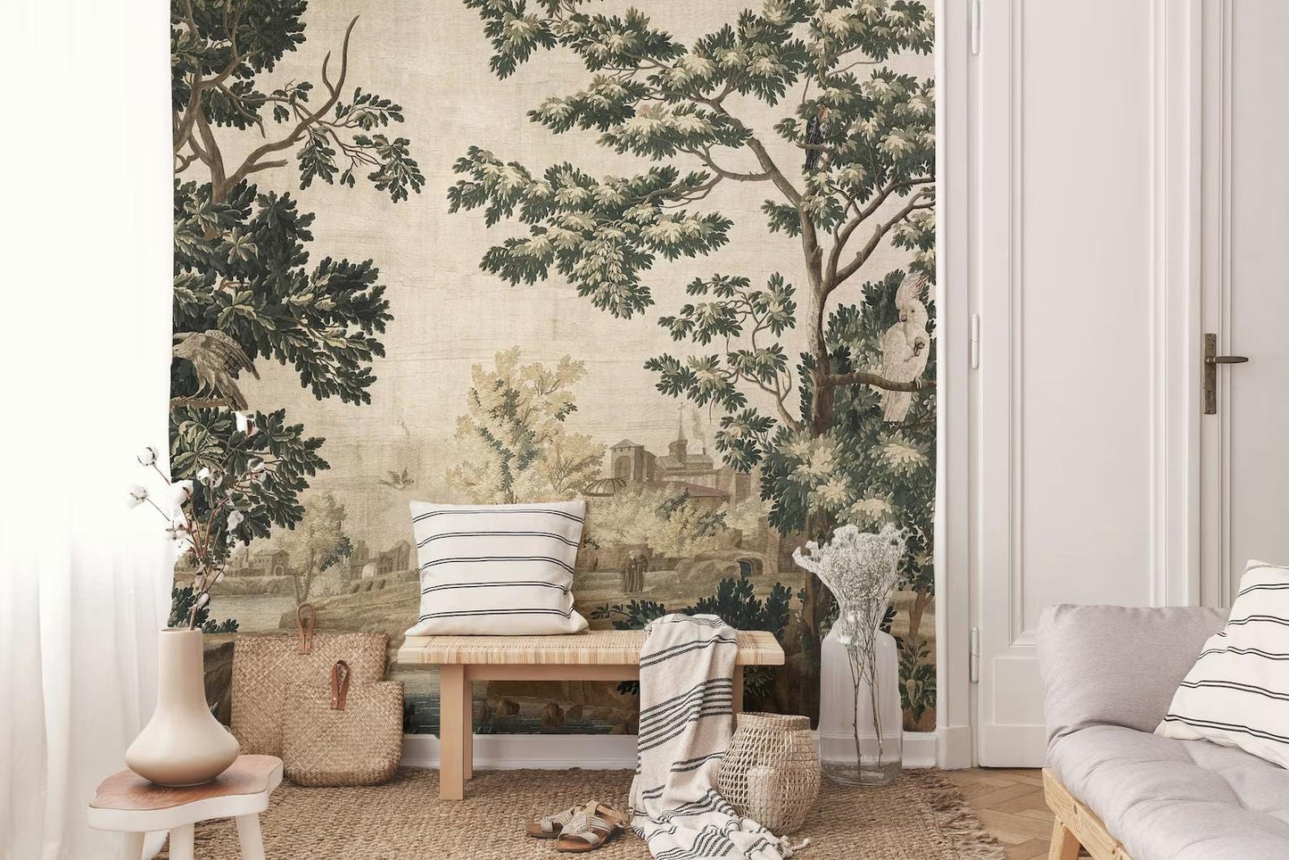 Vintage Design Wallpaper, Trees and Old Town Wallpaper, Bohemian Wall Mural, Peel and Stick Wallpaper, Mystic Room Design