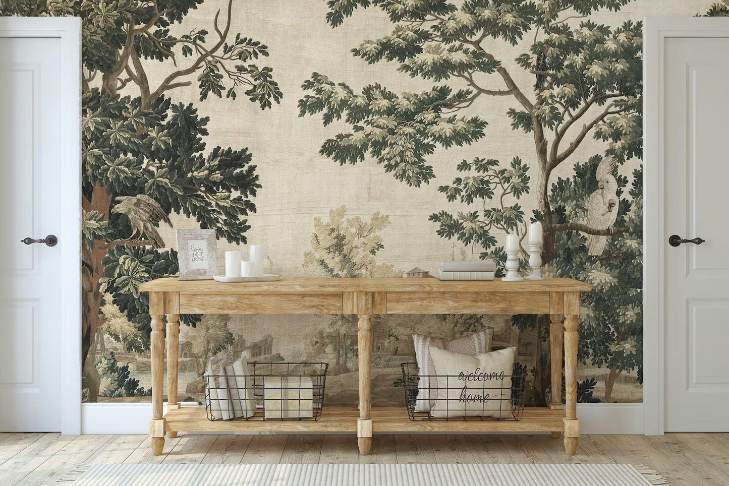 Vintage Design Wallpaper, Trees and Old Town Wallpaper, Bohemian Wall Mural, Peel and Stick Wallpaper, Mystic Room Design