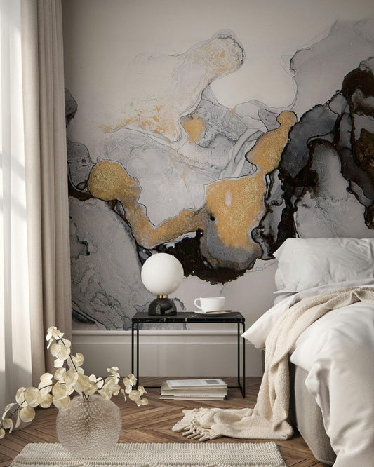 Black, Gray, White and Gold Marble Effect Wallpaper, Abstract Marble Texture Cool Mural, Stylish Wall Design, Modern Wallpaper