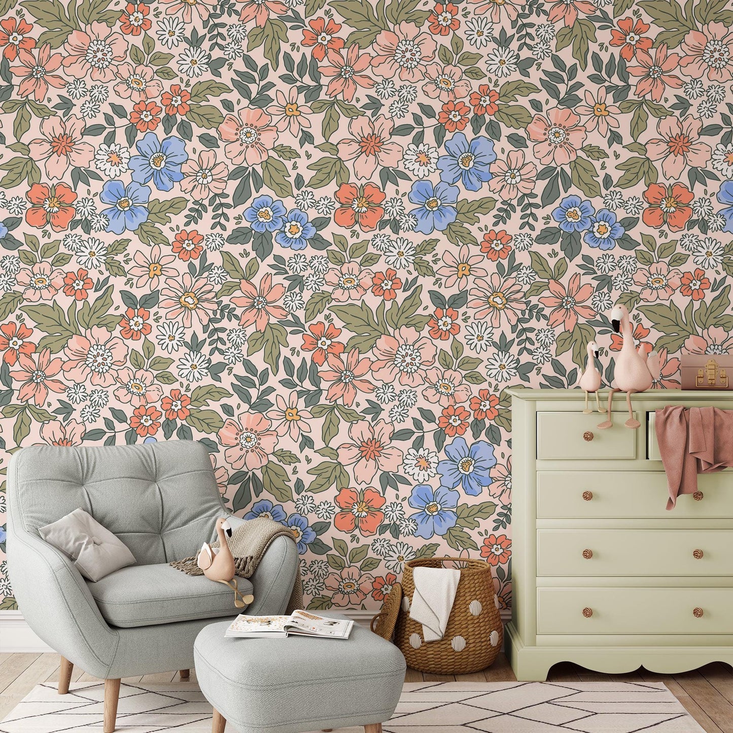 Tiny Little Flowers Wallpaper, Colourful Floral Wallpaper Nursery, Bloom Baby Girl Wallpaper, Illustration Kids Wallpaper