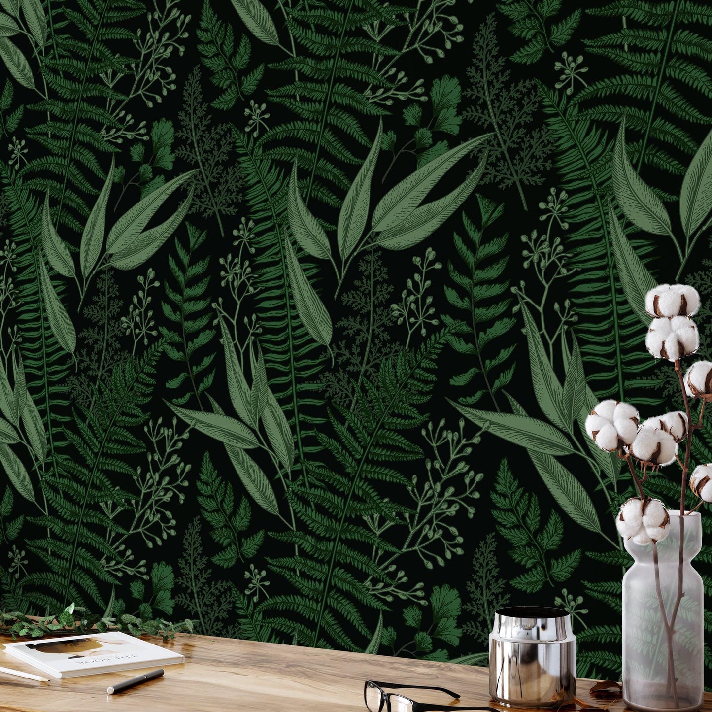 Dark Green Natural Leaves Wallpaper on Black Background, Mystical Forest Leaves Wall Poster Illustration Botanical Garden Plants Wallpaper