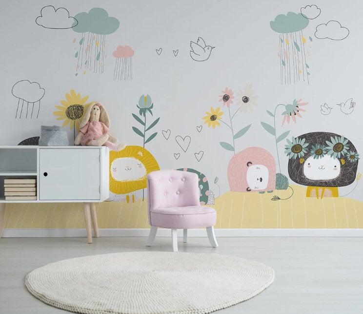 Cute little lambs Child Wallpaper, Drawing Animals Wallpaper, Cute Sheep 3D Kids Wall Poster, Sketch Baby Wallpaper, Wallpaper Nursery