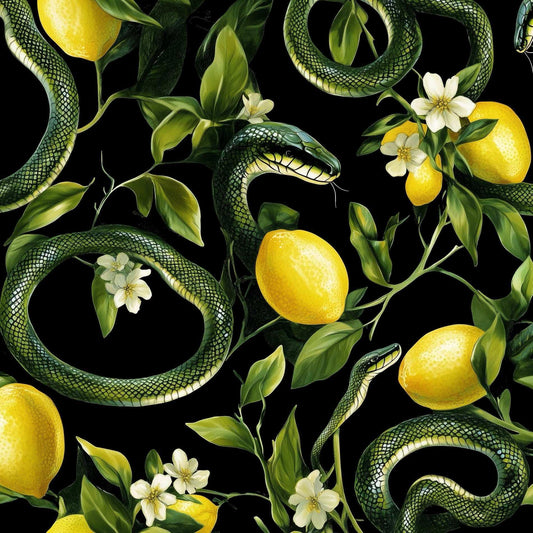 Exotic Lemon Garden and Snakes Pattern Wallpaper, Mystic Dark Botanical Nature Wallpaper, Floral Wallpaper, Orchard Wallpaper