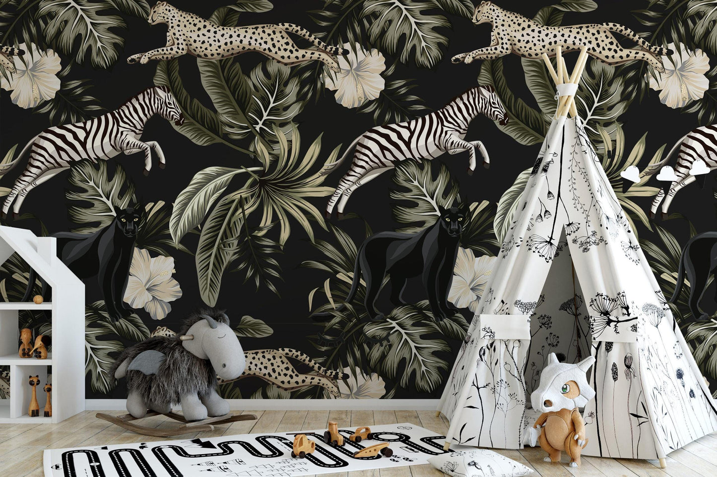 Black Panter Zebra and Leopard with Exotic Flowers in Dark Jungle Wallpaper, Black Tropical Animal Wallpaper, Botanical wallpaper