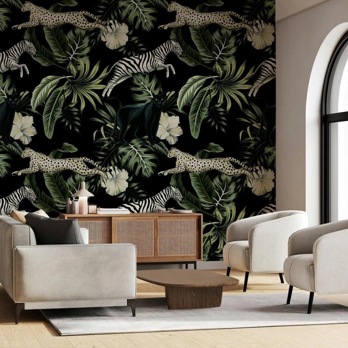 Black Panter Zebra and Leopard with Exotic Flowers in Dark Jungle Wallpaper, Black Tropical Animal Wallpaper, Botanical wallpaper