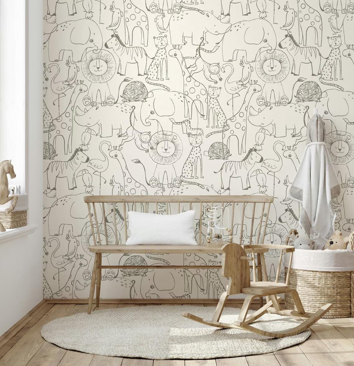 Line Art Sketch Animals Kids Wallpaper, Cute Baby Room Wallpaper, Funny Kids Room Wall Poster, Drawwing Wallpaper Nursery, School Wallpaper