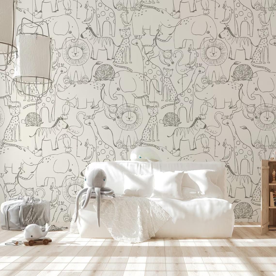 Line Art Sketch Animals Kids Wallpaper, Cute Baby Room Wallpaper, Funny Kids Room Wall Poster, Drawwing Wallpaper Nursery, School Wallpaper