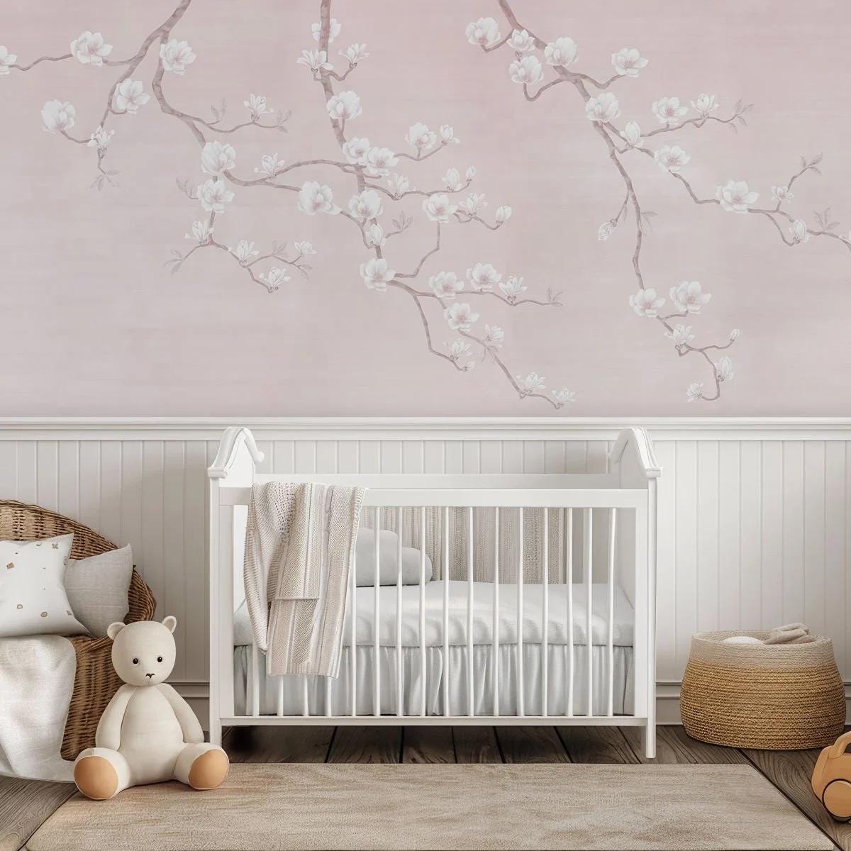 Pink Sakura Flowers Wallpaper, Floral Wallpaper, Cherry Blossoms Wall Poster, Elegance Chinoiserie Wallpaper, Vintage Romantic Wallpaper