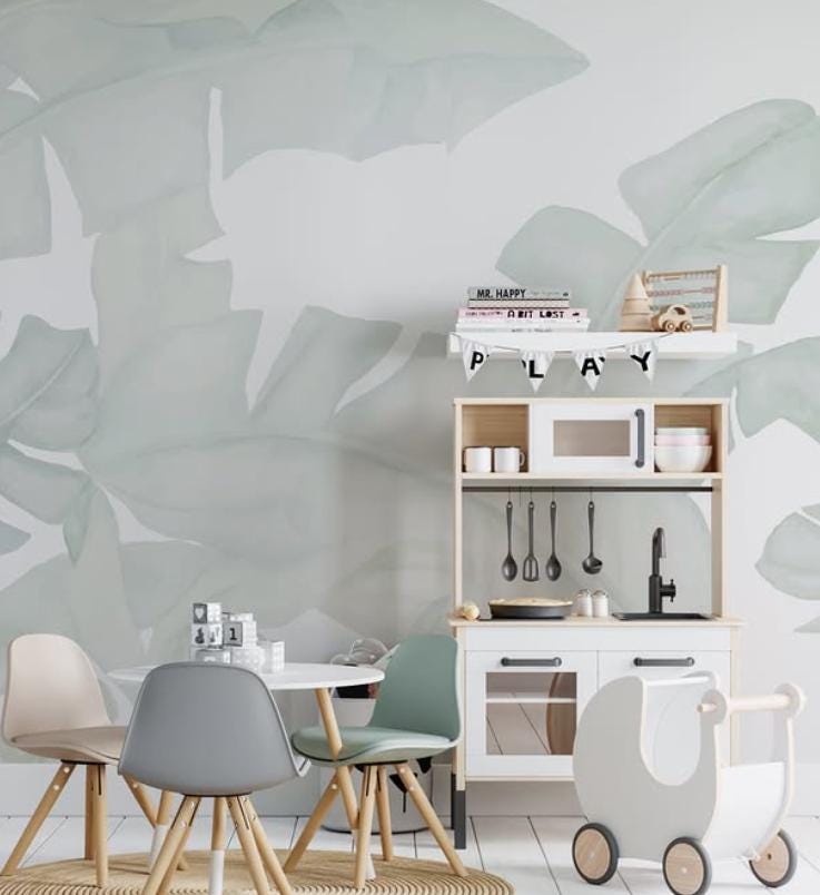 Green leaves Wallpaper For Kidsroom, Tropical Wallpaper Nursery, Nature Kids Wall Mural, Kids Room Wall Poster, Peel & Stick Child Wallpaper