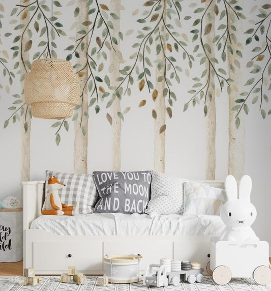 Willow Leaves Wallpaper For Kidsroom, Trees Wallpaper Nursery, Nature Kids Wall Mural, Kids Room Wall Poster, Peel & Stick Child Wallpaper