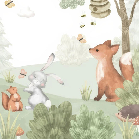 Bees Rabbits Fox Butterfly and Birds in Green Forest Wallpaper for Kids Room, Animals Wallpaper Nursery, Watercolor Trees Kids Wallpaper