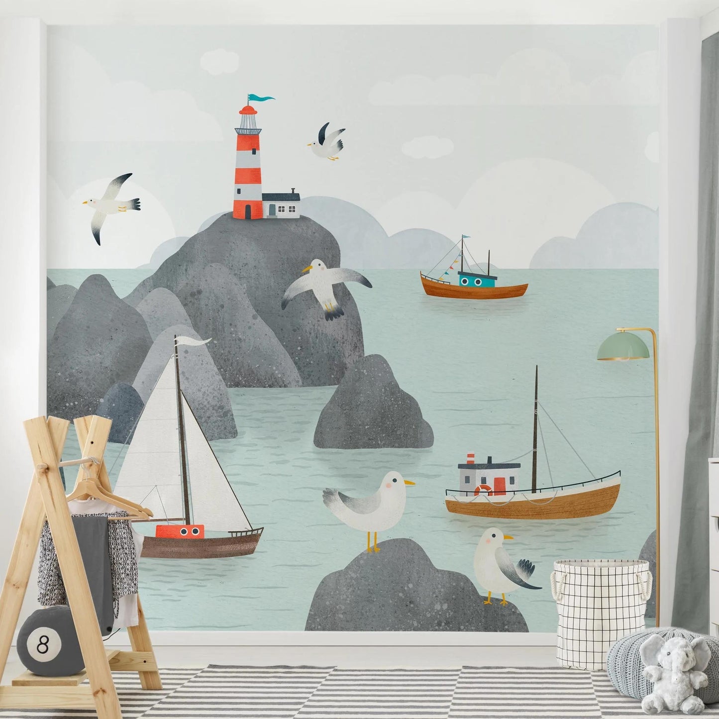 Seagulls and Lighthouse Kids Wallpaper, Seaside Wallpaper For Kidsroom, Sea Wallpaper Nursery, Boats Childrens Wallpaper, Marin Wall Poster