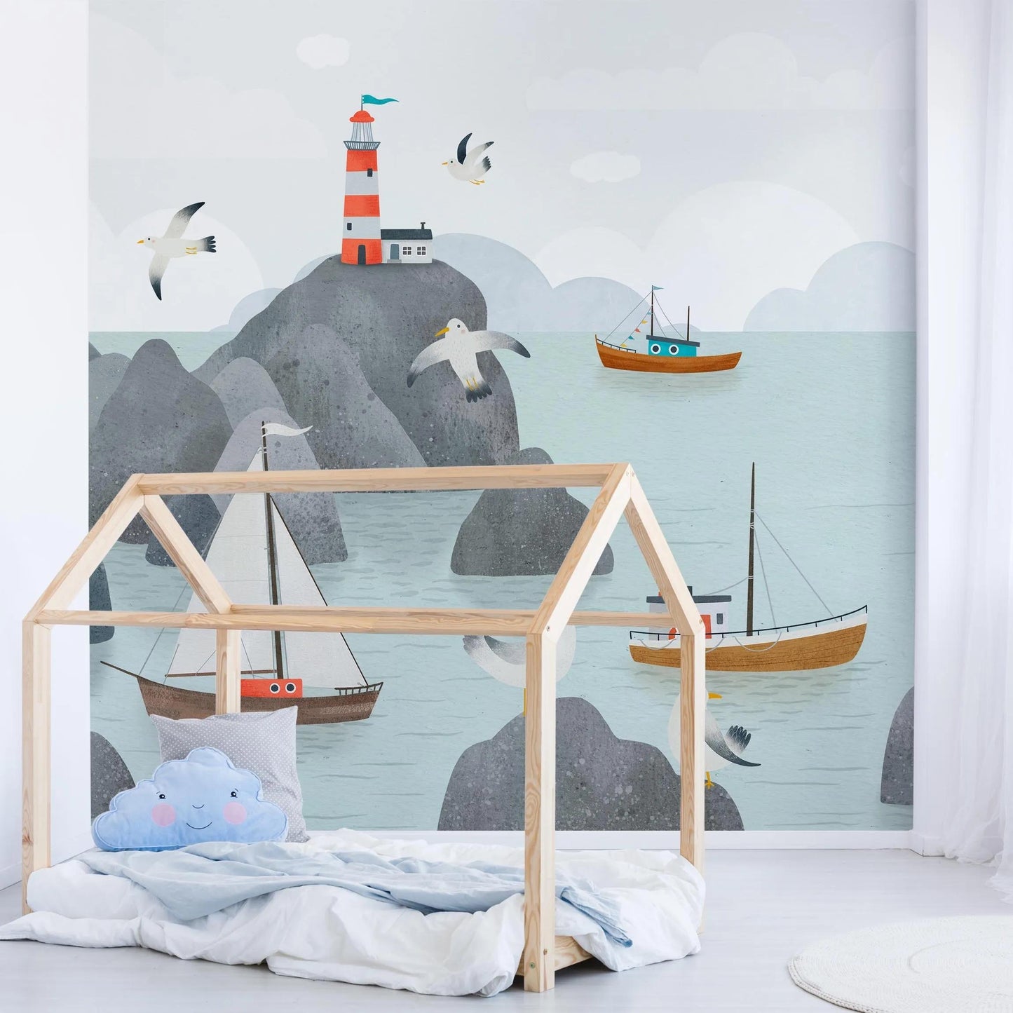 Seagulls and Lighthouse Kids Wallpaper, Seaside Wallpaper For Kidsroom, Sea Wallpaper Nursery, Boats Childrens Wallpaper, Marin Wall Poster