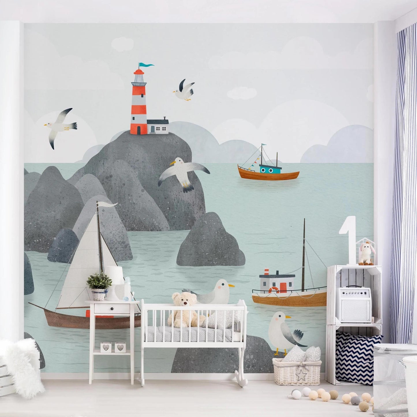 Seagulls and Lighthouse Kids Wallpaper, Seaside Wallpaper For Kidsroom, Sea Wallpaper Nursery, Boats Childrens Wallpaper, Marin Wall Poster