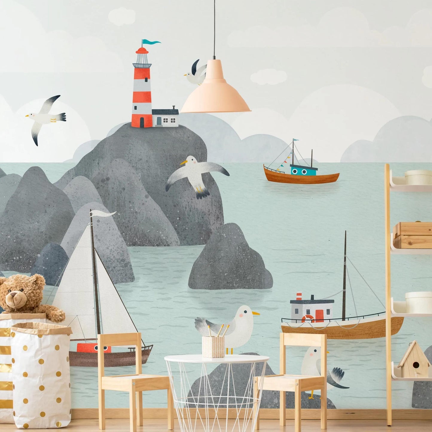 Seagulls and Lighthouse Kids Wallpaper, Seaside Wallpaper For Kidsroom, Sea Wallpaper Nursery, Boats Childrens Wallpaper, Marin Wall Poster