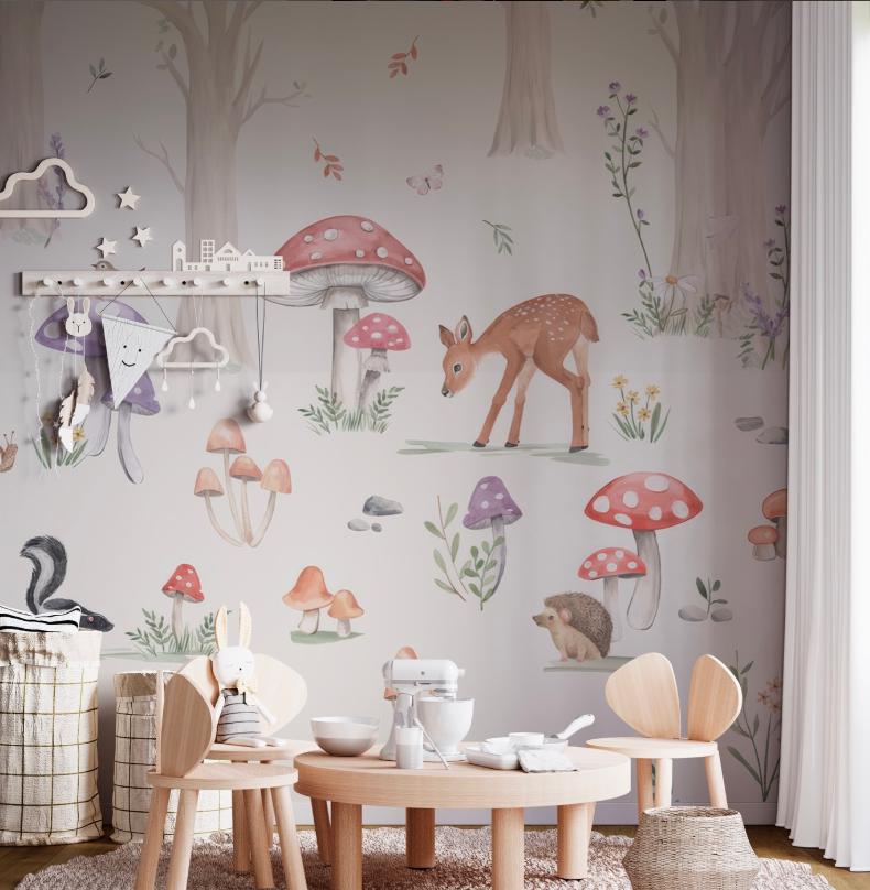 Nature Park Animals Wallpaper for Kidsroom, Gazelle Birds and Mushrooms Kids Wallpaper, Baby Wallpaper, Fairytale Forest Wallpaper Nursery