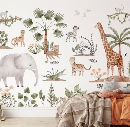 Cute Safari Animals Kids Wallpaper, Elephant Giraffe Zebra Tiger Wallpaper for Kidsroom, Child Wallpaper, Tropical Jungle Wallpaper Nursery