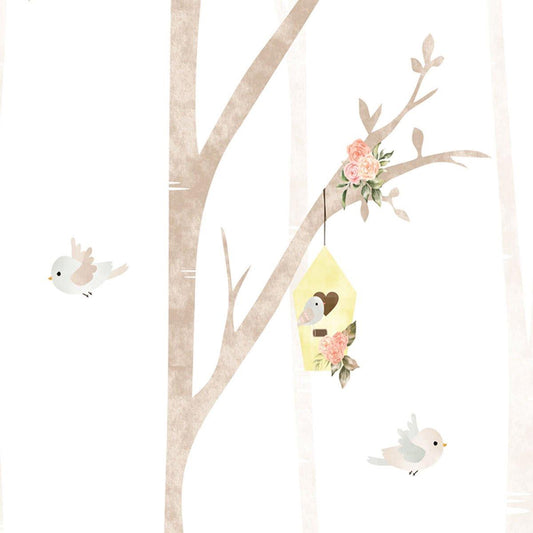 Flower Birds Nest Wallpaper for Kidsroom, Trees Wallpaper Nursery, Nature Kids Wallpaper, Forest Child Wallpaper, Drawwing Art Wallpaper