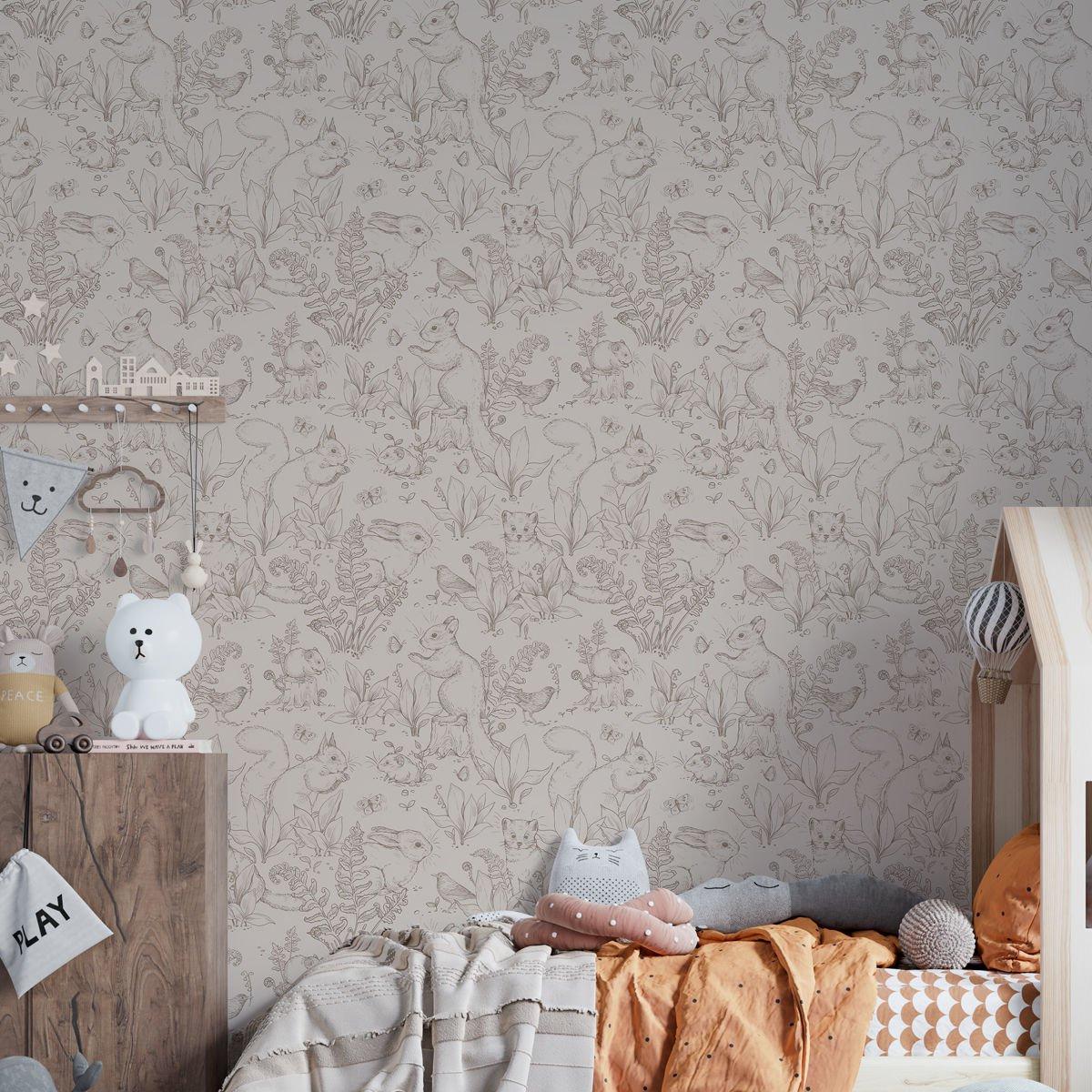 Squirrel Forest Wallpaper for Kids Room, Animals Wallpaper Nursery, Sketch Kids Wallpaper, Beige Baby Wall Poster, Vintage Baby Room Mural
