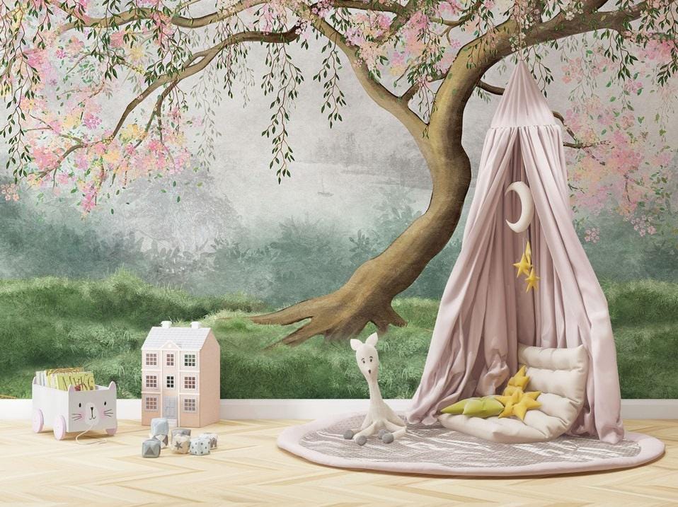 Tree with Pink Flowers Baby Girl Wallpaper, Wallpaper Nursery, Nature Kids Poster, Soft Pink Baby Room Mural, Watercolor Wallpaper Nursery