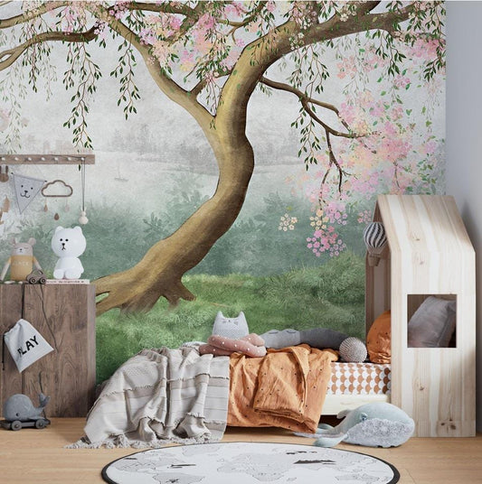 Tree with Pink Flowers Baby Girl Wallpaper, Wallpaper Nursery, Nature Kids Poster, Soft Pink Baby Room Mural, Watercolor Wallpaper Nursery