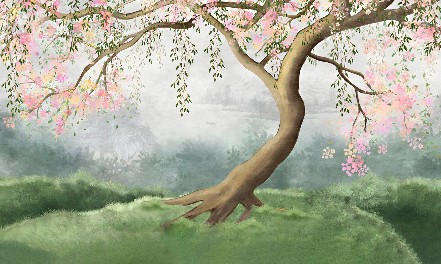 Tree with Pink Flowers Baby Girl Wallpaper, Wallpaper Nursery, Nature Kids Poster, Soft Pink Baby Room Mural, Watercolor Wallpaper Nursery