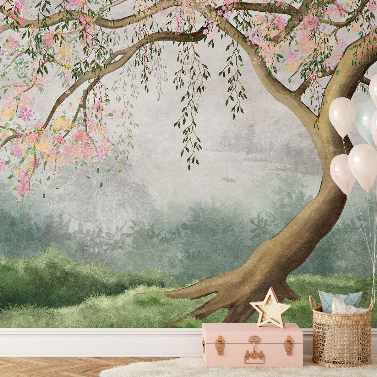 Tree with Pink Flowers Baby Girl Wallpaper, Wallpaper Nursery, Nature Kids Poster, Soft Pink Baby Room Mural, Watercolor Wallpaper Nursery