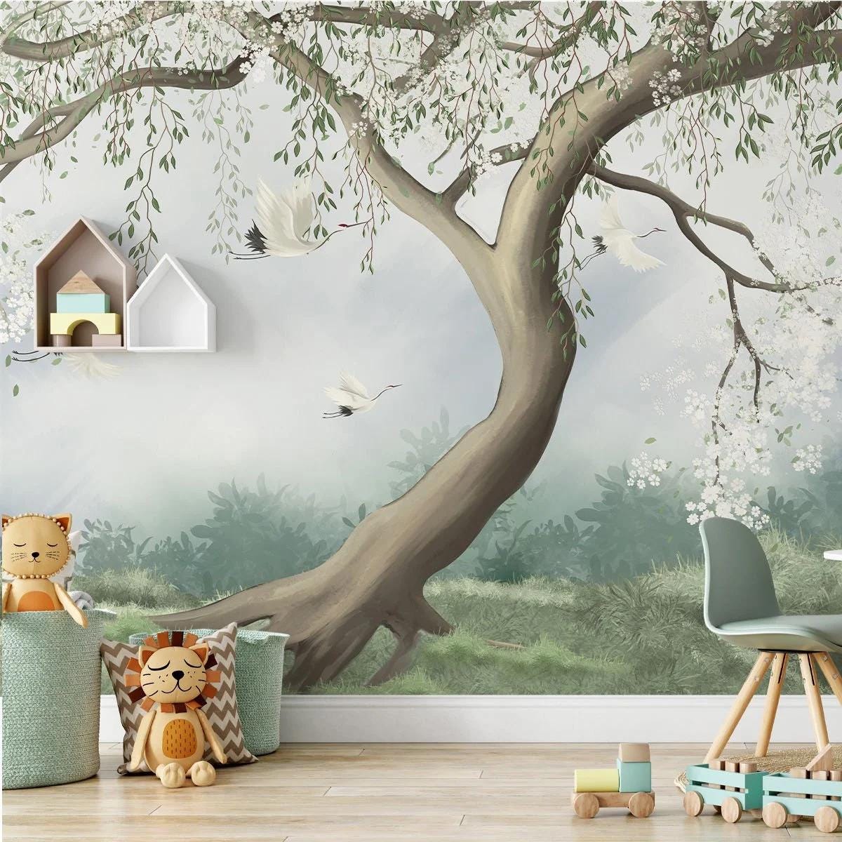 Tree with White Flowers Baby Girl Wallpaper, Wallpaper Nursery, Nature Kids Poster, Soft White Baby Room Mural, Watercolor Wallpaper Nursery