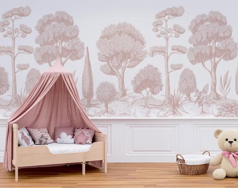 Pink Linear Trees Forest Wallpaper, Wallpaper Nursery, Nature Kids Wallpaper, Forest Child Wallpaper, Drawwing Art Wallpaper,Baby Girl Mural