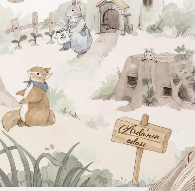 Personalized Forest Village Wallpaper For Kidsroom, Cute Animals Wallpaper Nursery, Nature Childrens Wallpaper, Peel & Stick Baby Wallpaper