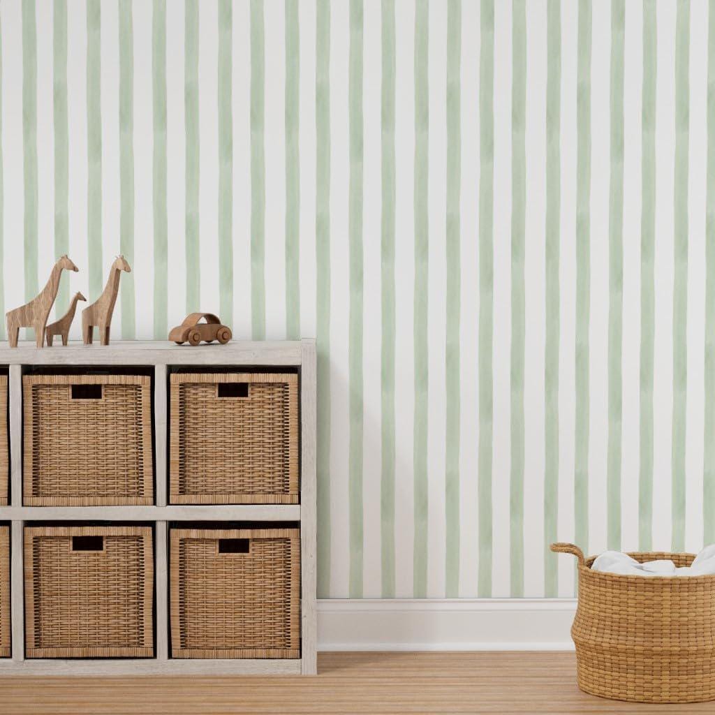 Child Room Green Striped Wallpaper, Watercolor Kid Mural, Watercolor brush Wallpaper Nursery, School Wallpaper, Green Baby Room Wallpaper