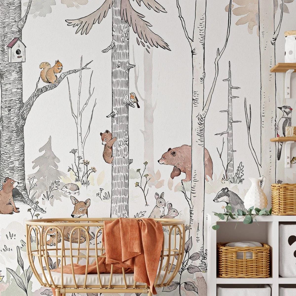 Animals in White Forest Wallpaper for Kids Room, Cute Animals Wallpaper Nursery, Watercolor Trees Kids Wallpaper