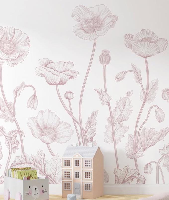 Pink Sketch Large Flowers Girl Wallpaper, Flower Garden Baby Girl Wallpaper, Art Wallpaper Nursery, Watercolor Wallpaper, Flowers Wallpaper