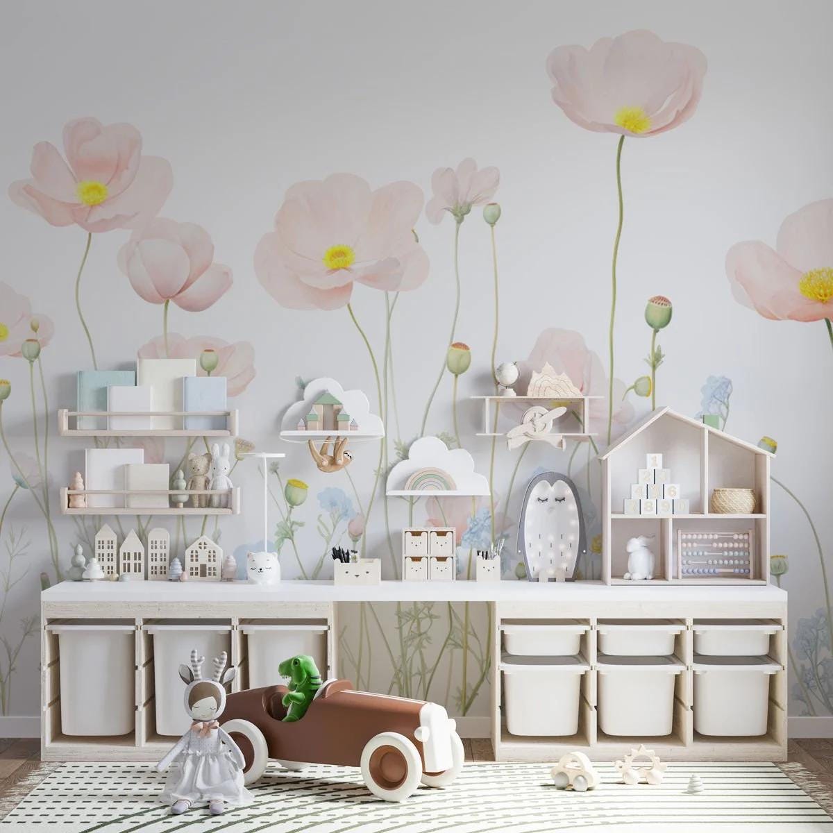 Pink Spring Flowers Baby Girl Wallpaper, Flower Garden Baby Girl Wallpaper, Art Wallpaper Nursery, Watercolor Floral Wallpaper