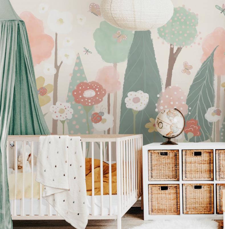 Colourful Illustration Butterflies and Flowers Baby Girl Wallpaper, Flower Garden Baby Girl Wallpaper, Watercolor Floral Wallpaper Nursery