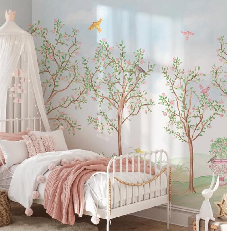 Spring Garden and Colourful Birds Wallpaper, Wallpaper Nursery, Nature Kids Poster, Soft White Baby Room Mural, Watercolor Wallpaper Nursery