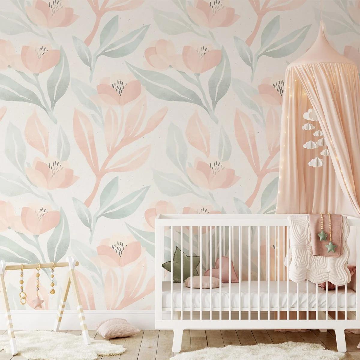 Somon Color Flowers Baby Girl Wallpaper, Flower Garden Baby Girl Wallpaper, Art Wallpaper Nursery, Watercolor Floral Wallpaper