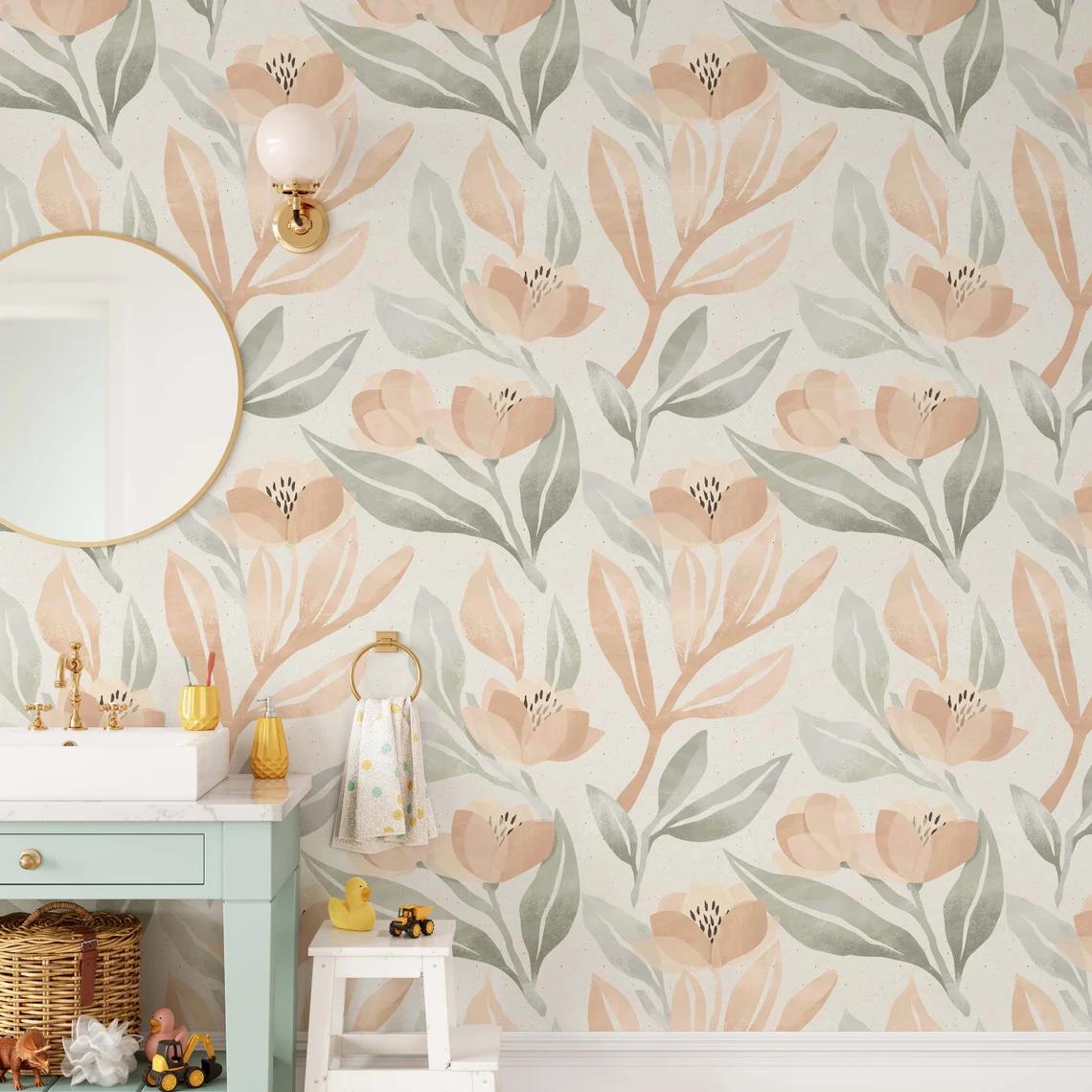 Somon Color Flowers Baby Girl Wallpaper, Flower Garden Baby Girl Wallpaper, Art Wallpaper Nursery, Watercolor Floral Wallpaper
