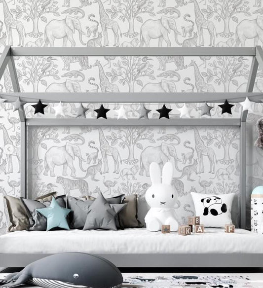 Gray Line Draw Animals Kids Wallpaper, Jungle Baby Room Wallpaper, Funny Kids Room Wall Poster, Drawwing Wallpaper Nursery, School Wallpaper