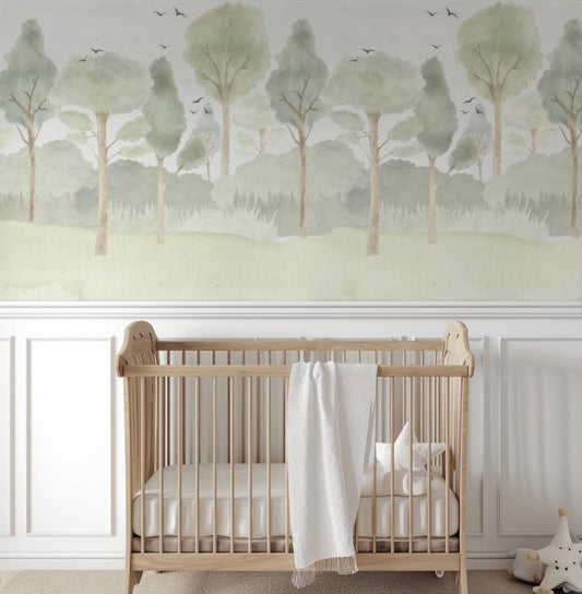 Watercolor Green Forest Wallpaper Nursery, Nature Kids Wallpaper, Forest Child Wallpaper, Drawwing Art Wallpaper, Green Baby Wallpaper