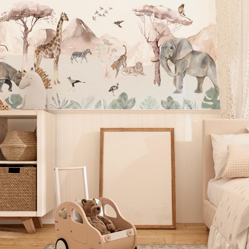 Kidsroom Art Wallpaper, Watercolor Animals Wallpaper Nursery, Nature Kids Wallpaper, Child Wallpaper, Painting Jungle Baby Wallpaper