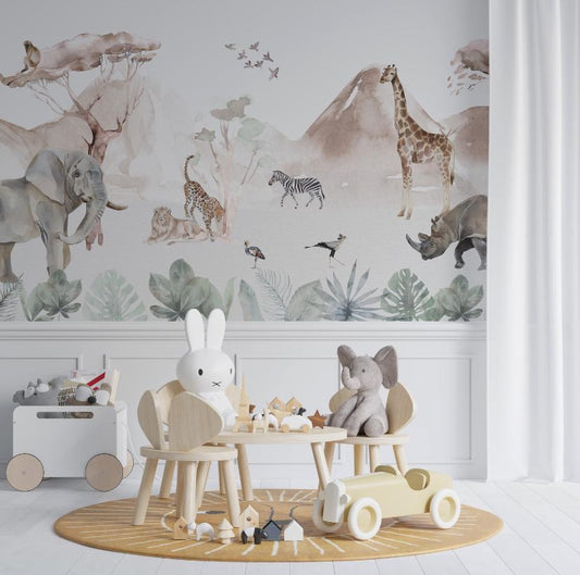 Kidsroom Art Wallpaper, Watercolor Animals Wallpaper Nursery, Nature Kids Wallpaper, Child Wallpaper, Painting Jungle Baby Wallpaper