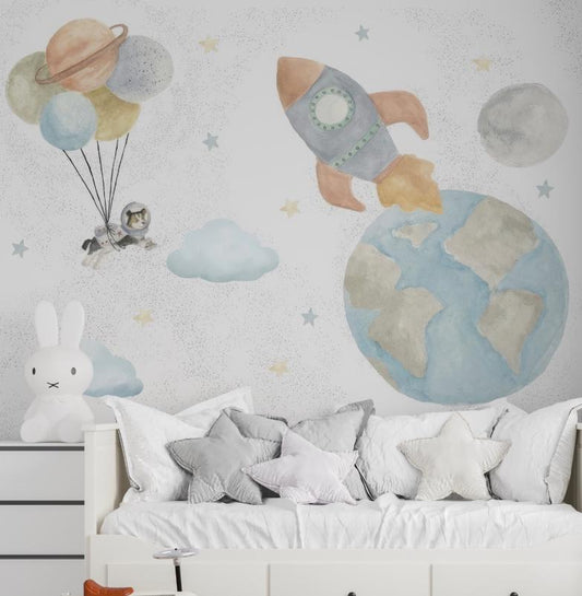 Space Themed Kids Room Wallpaper, Cute Astronaut Wallpaper Nursery, Planets and Earth Child Wallpaper, Peel and Stick Sky Baby Wallpaper,