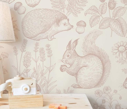 Pink Monochrome Animals Wallpaper, Line Art Forest Baby Girl Wallpaper, Cute Animals Wallpaper Nursery, Drawwing Wallpaper, Pink Wallpaper