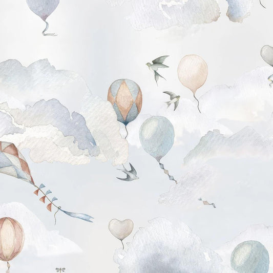Blue and Beige Balloons in The Sky Kids Wallpaper, Blue Sky Child Wallpaper, Clouds Wallpaper Nursery, Kites Baby Boy Wallpaper
