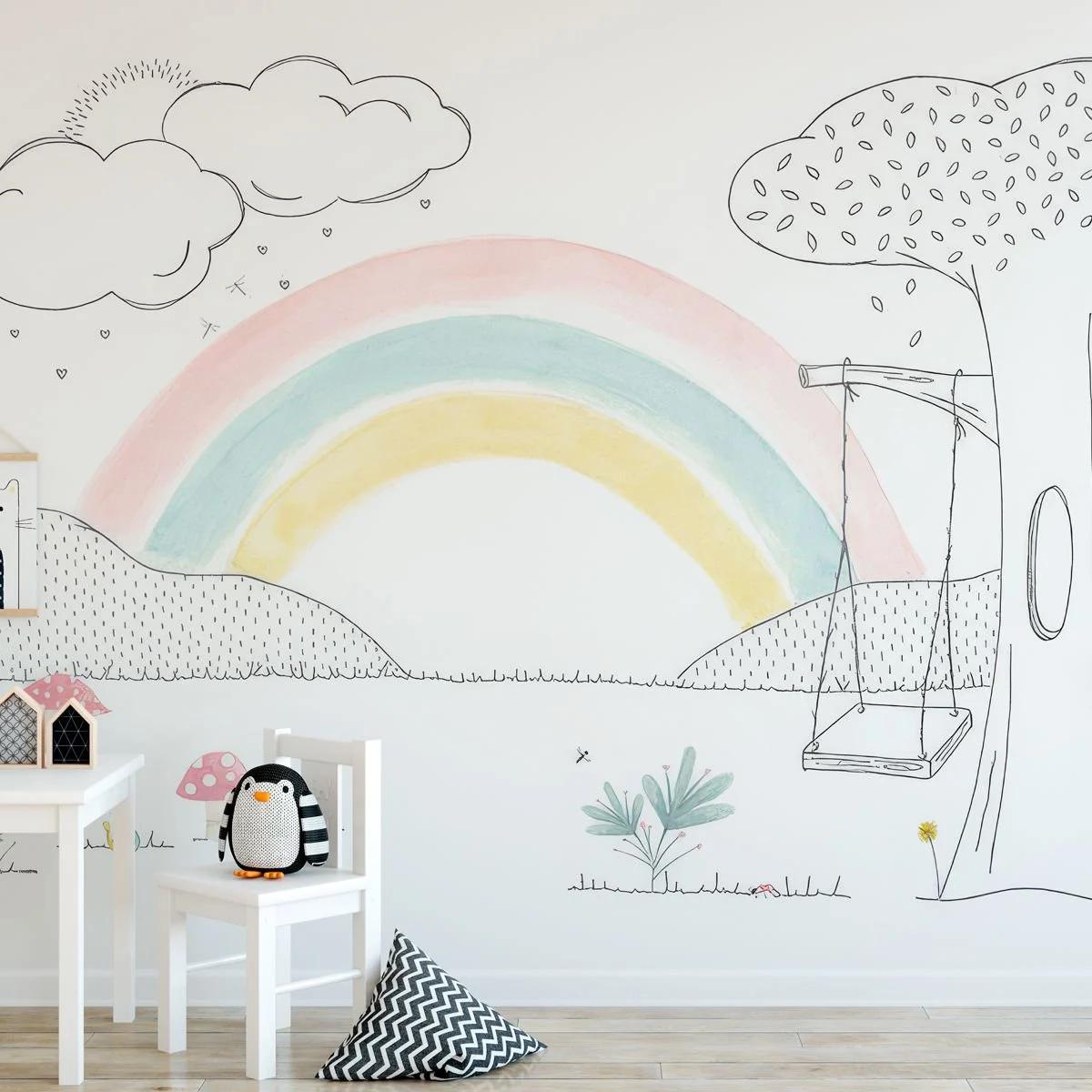 Swing Under the Rainbow Kids Wallpaper, Soft Color Wallpaper Nursery, Funny Child Wallpaper, Peel and Stick Wallpaper, Baby Girl Wallpaper