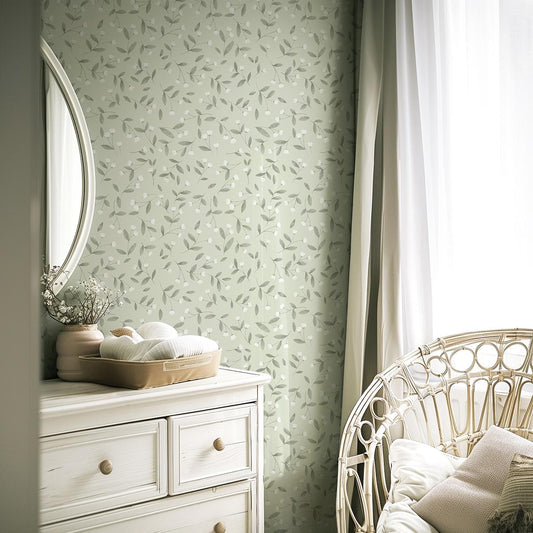 White Mini Flowers With Green leaves Kids Wallpaper, Green Wallpaper Nursery, Nature Kids Wall Mural, Peel & Stick Baby Girl Wall Poster